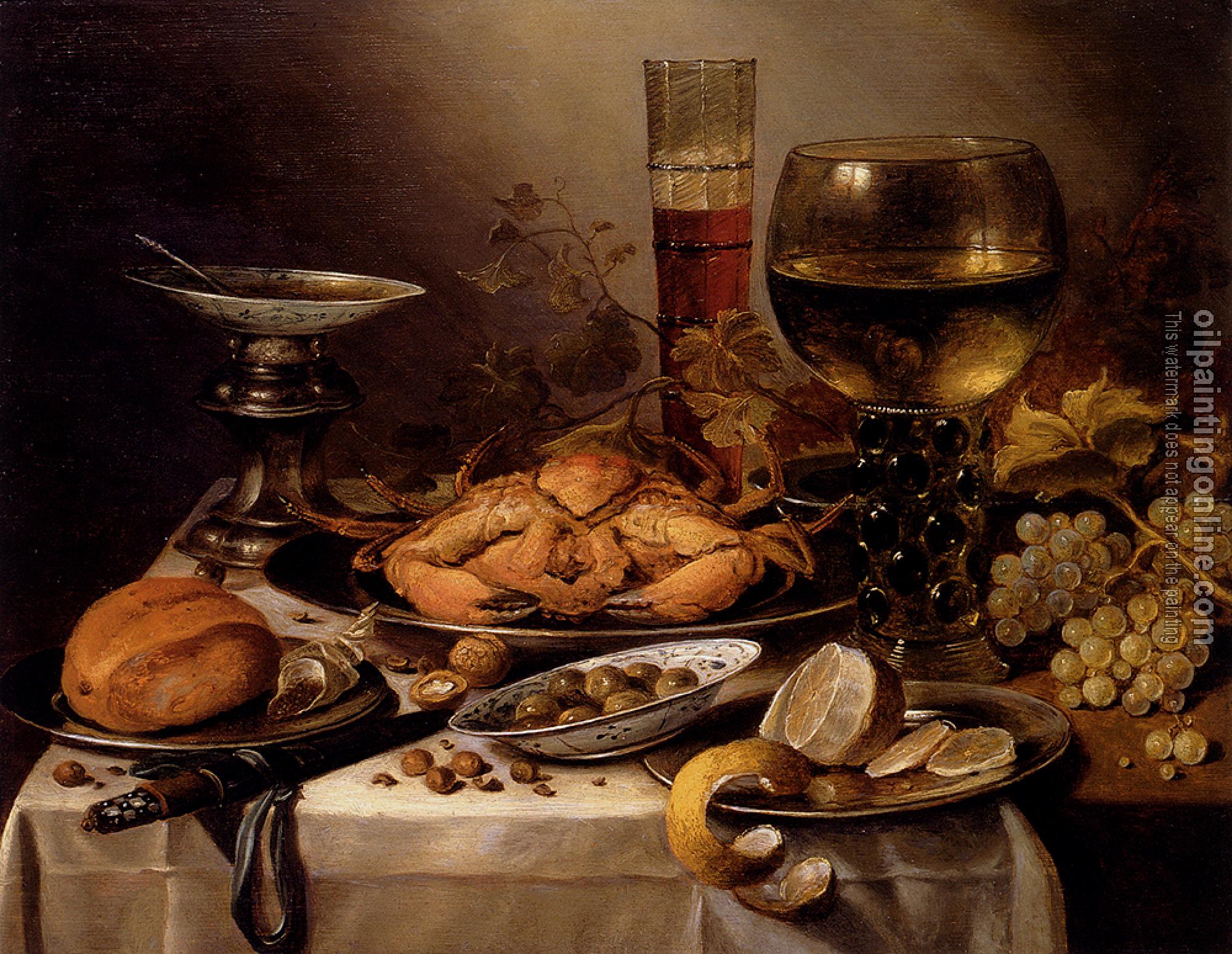 Claesz, Pieter - Banquet Still Life With A Crab On A Silver Platter, A Bunch Of Grapes, A Bowl Of Olives, And A Peeled Lemon All Resting On A Draped Table